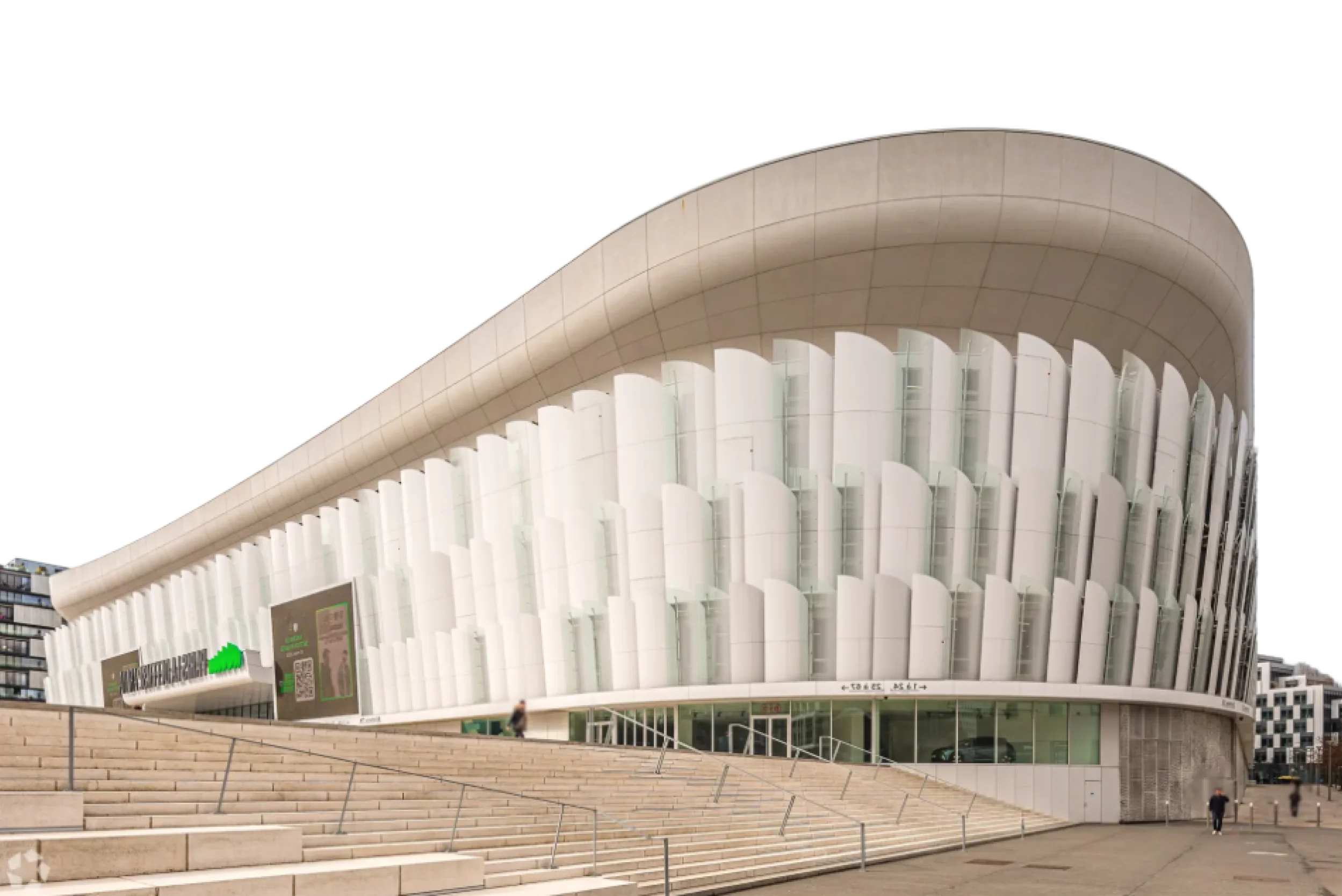 Paris Plenitude Arena, its curved white facade seen from the forecourt steps